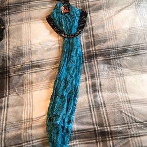 Blue pattern fashion scarf with fringe